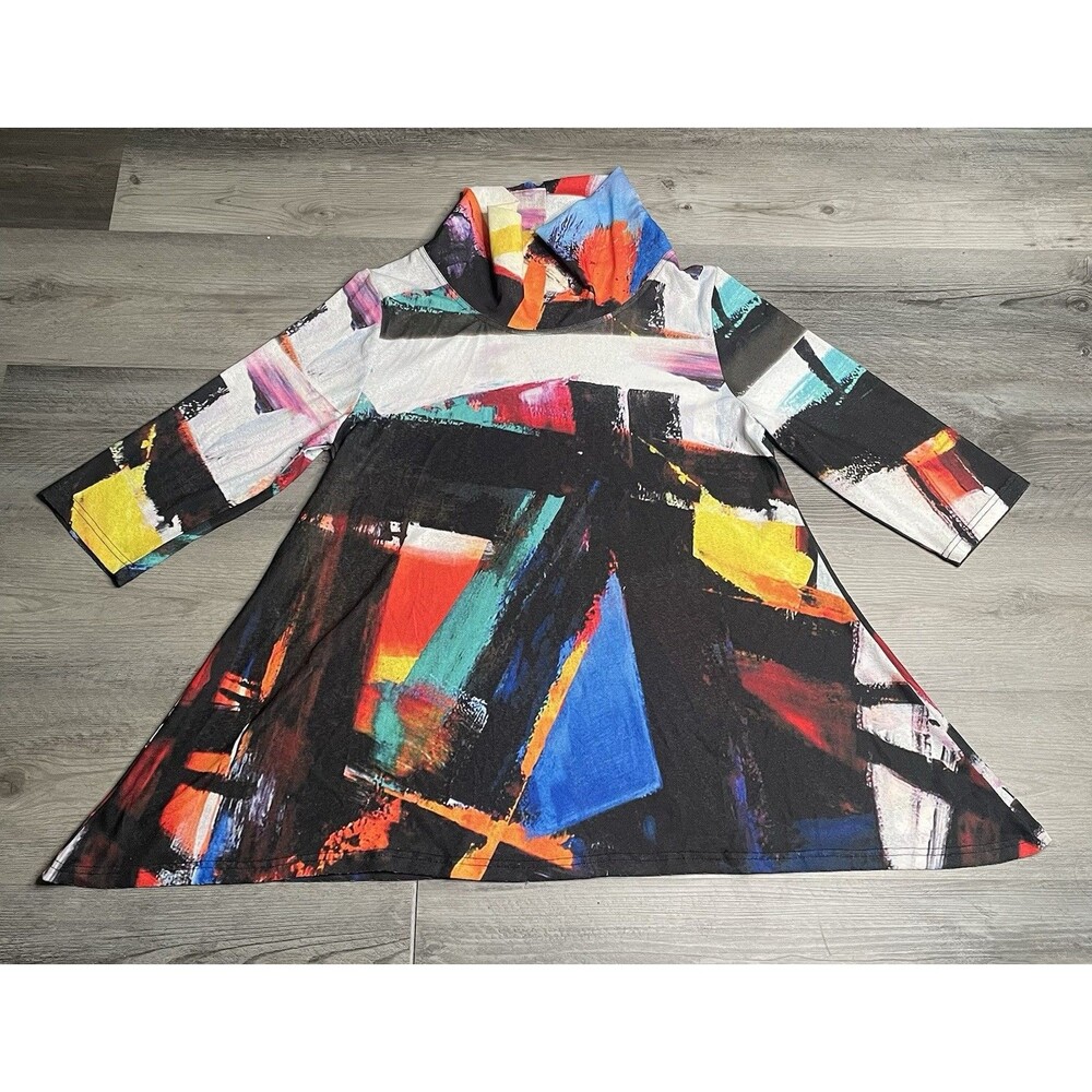 Damee Art Tunic Blouse Cowl Neck Abstract Paint Swing Top US M